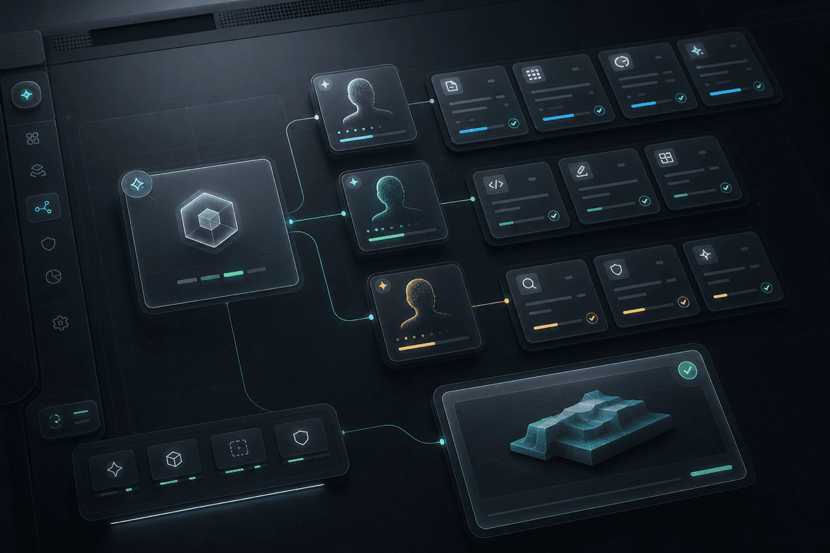 Mission command surface showing one goal split into agent-owned work cards and a finished artifact.