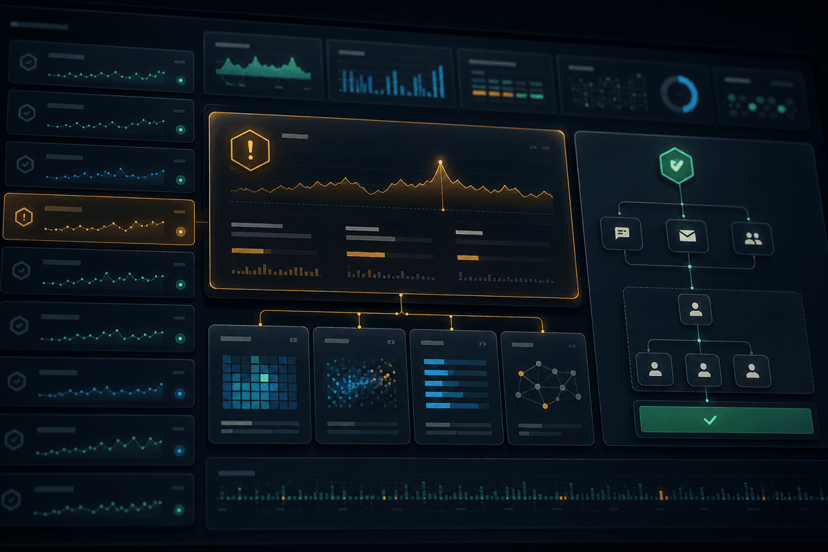 Monitoring surface with live signal rows, a highlighted anomaly, supporting evidence, and response controls.